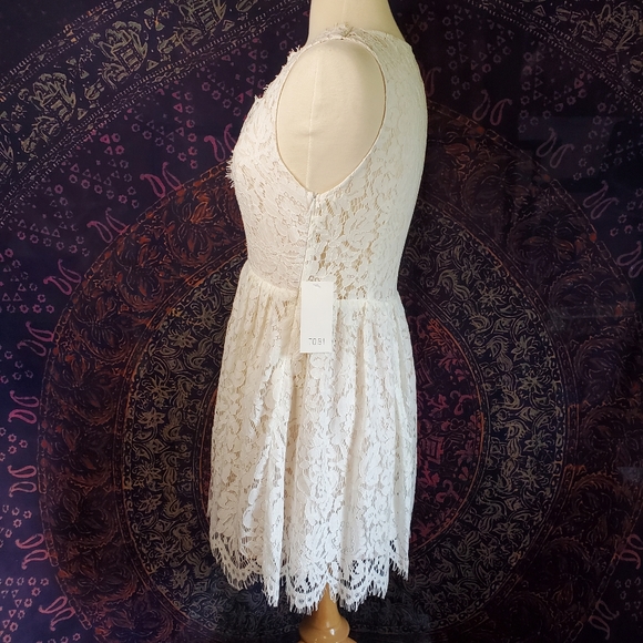 NWT Tobi Off White Lace Sleeveless Deep-V Sheer Back Mini Dress Womens Medium - Picture 2 of 15